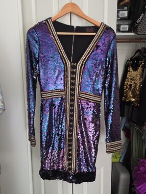 Hot Miami Styles Iridescent Sequin Long Sleeve Dress in Purple and Blue